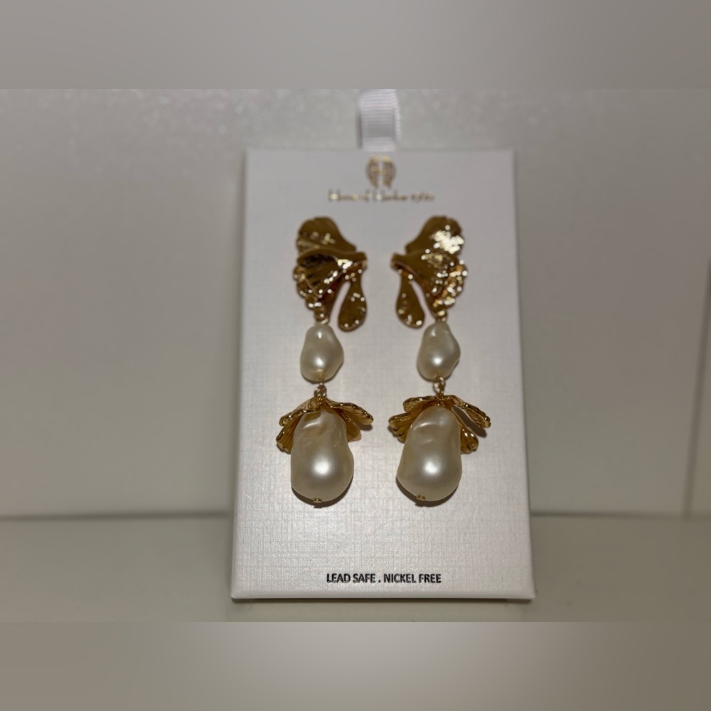 House Of Harlow 1960 Double Pearl Floral Drop Statement Earrings - Picture 4 of 6